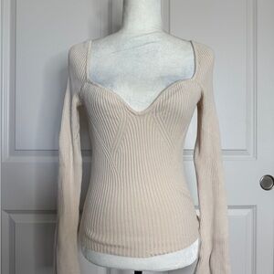 Cream Ribbed Long Sleeve Top